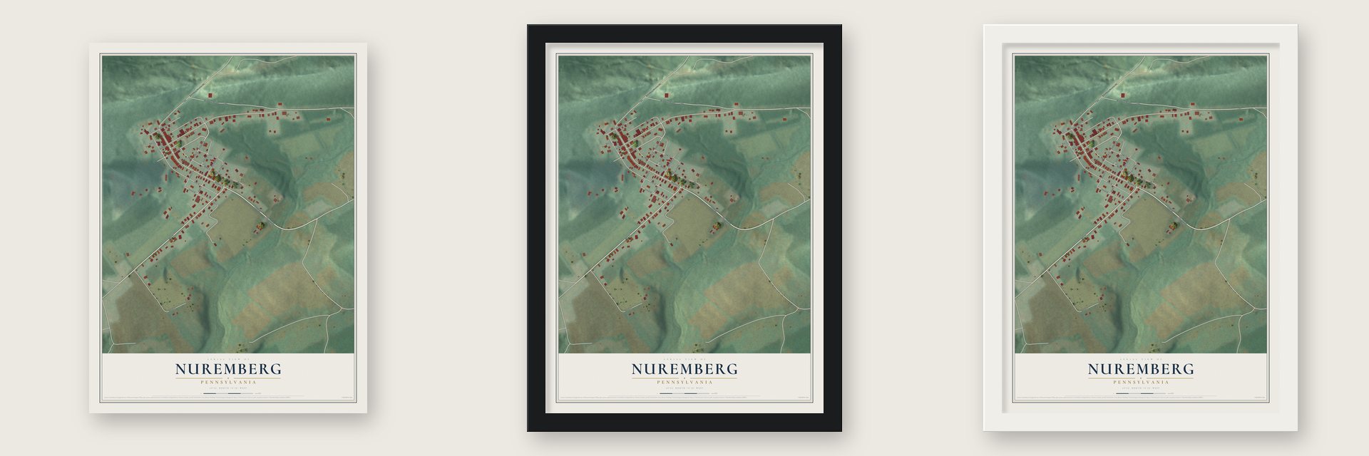 Nuremberg, Pennsylvania map unframed, in a black wood frame and in a white wood frame