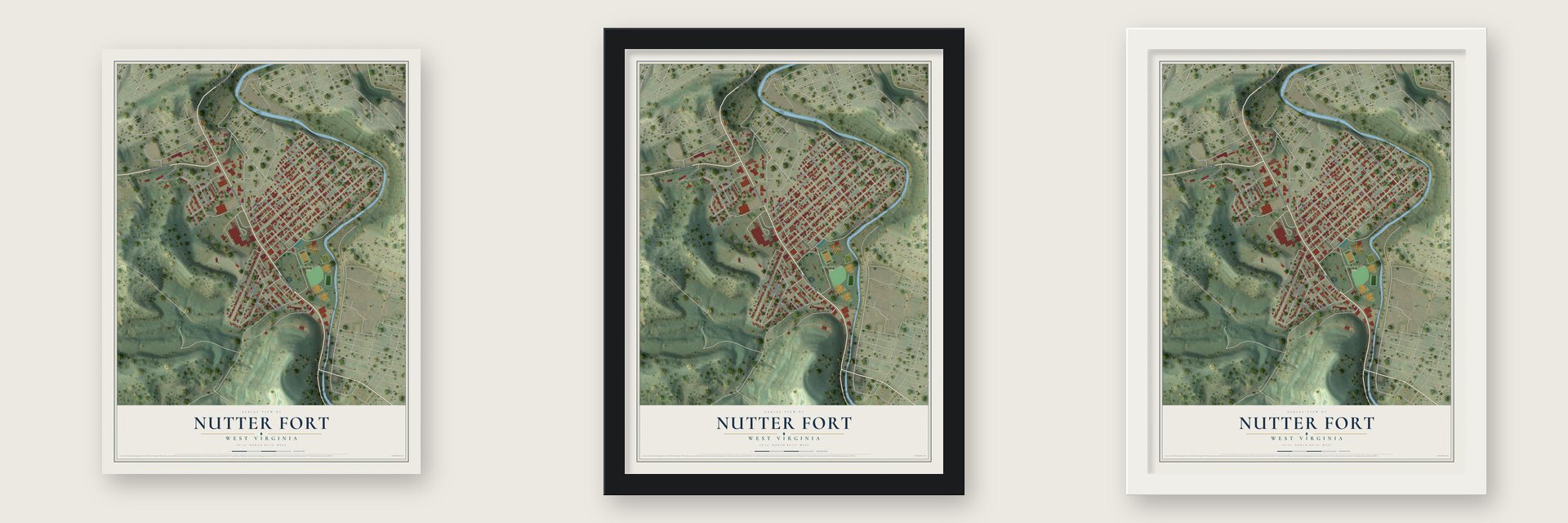 Nutter Fort, West Virginia map unframed, in a black wood frame and in a white wood frame