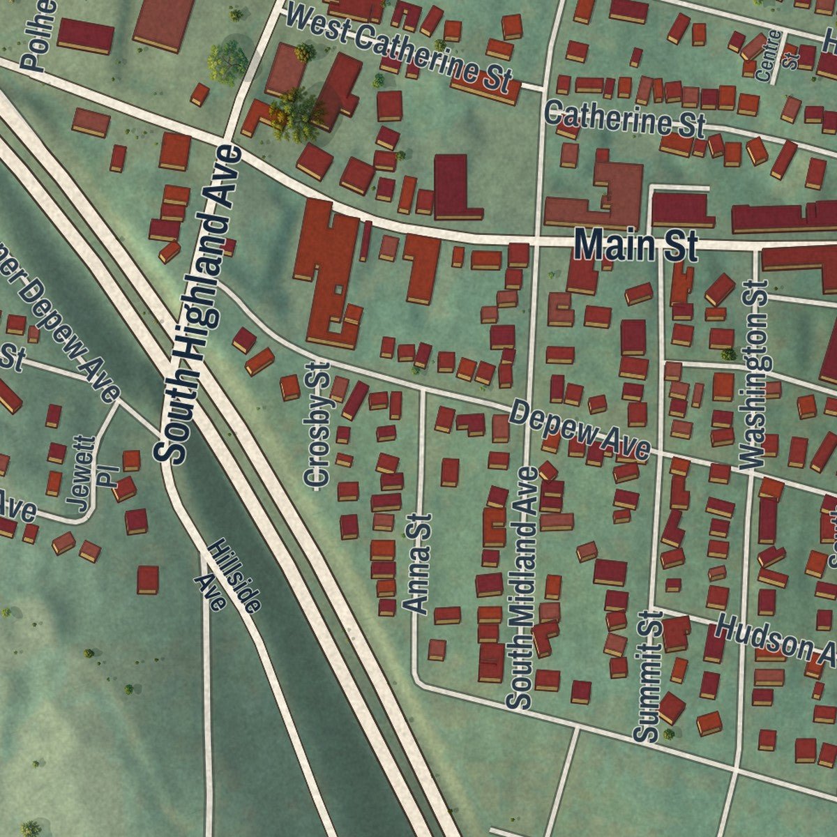 Second close-up of the map of Nyack, New York print showing more streets and buildings