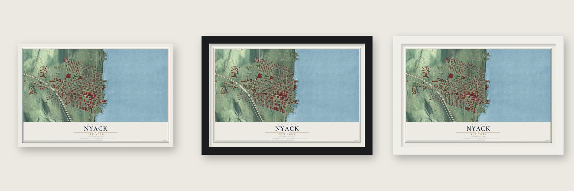 Nyack, New York map unframed, in a black wood frame and in a white wood frame