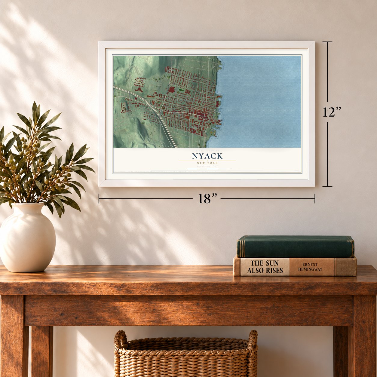Nyack, New York map, 12 x 18 inch print in a white frame in an entryway