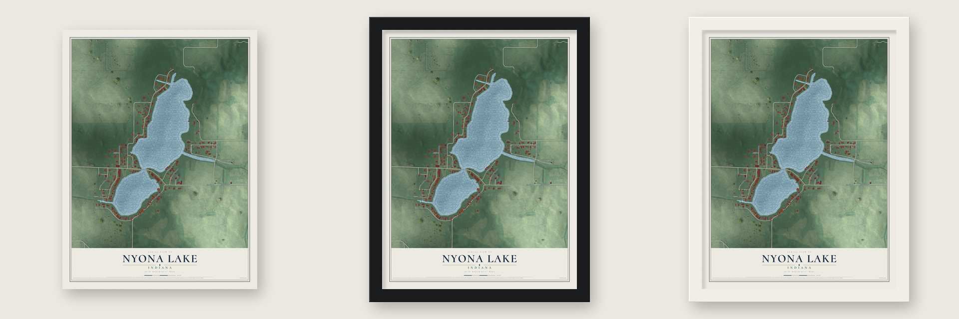 Nyona Lake, Indiana map unframed, in a black wood frame and in a white wood frame