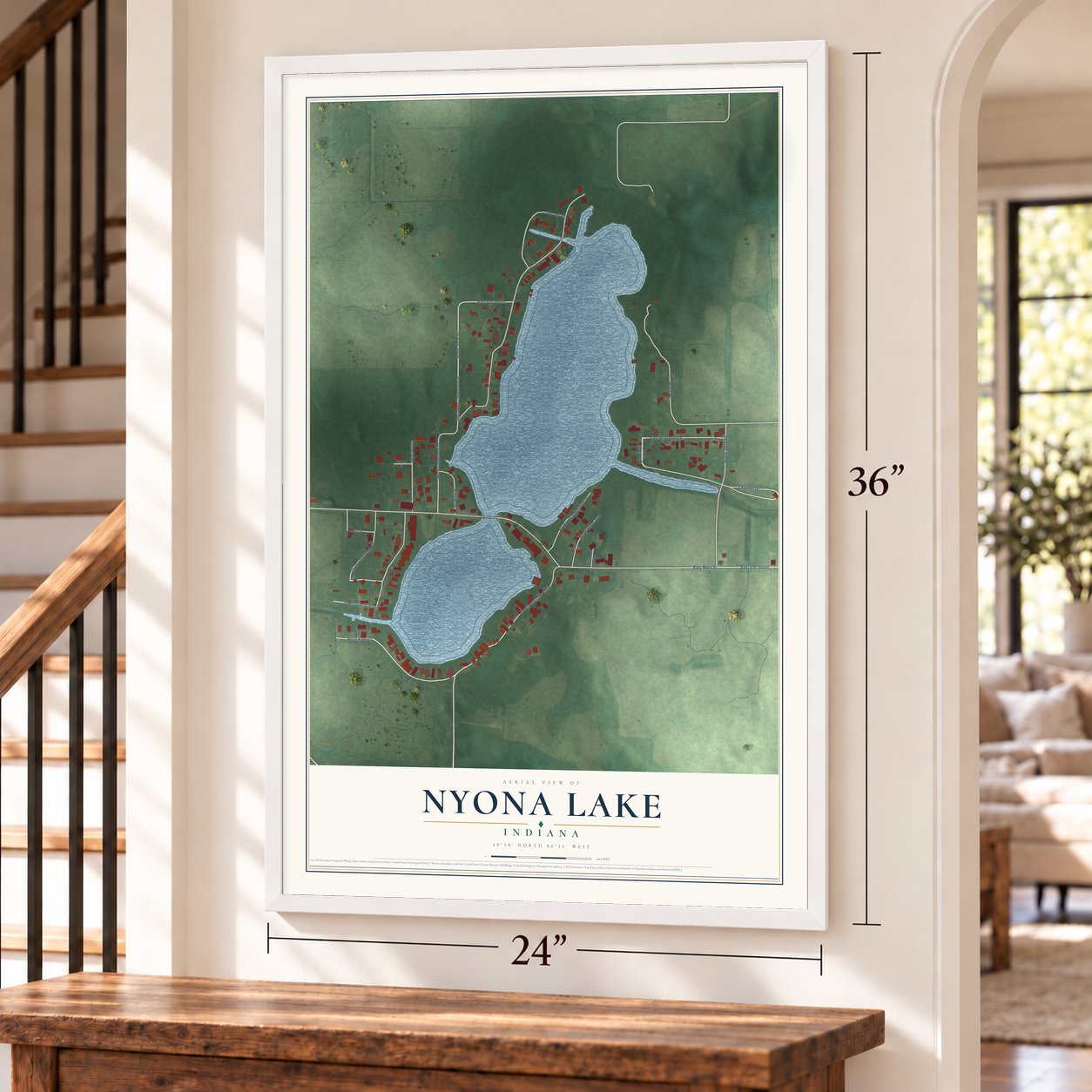 Nyona Lake, Indiana map, 24 x 36 inch print in a white frame by a staircase