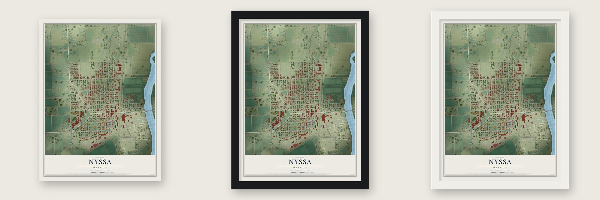 Nyssa, Oregon map unframed, in a black wood frame and in a white wood frame