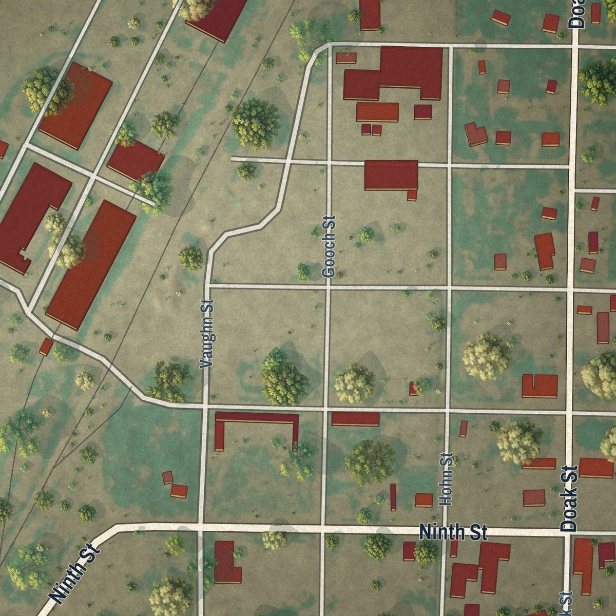 Second close-up of the map of O'Donnell, Texas print showing more streets and buildings