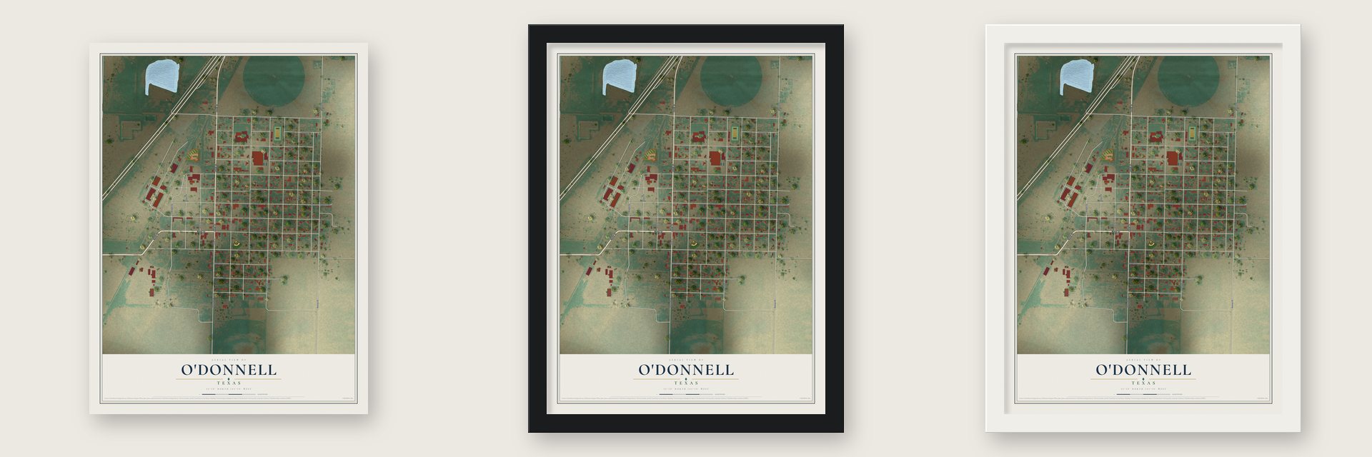 O'Donnell, Texas map unframed, in a black wood frame and in a white wood frame