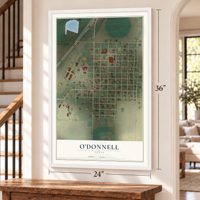 O'Donnell, Texas map, 24 x 36 inch print in a white frame by a staircase