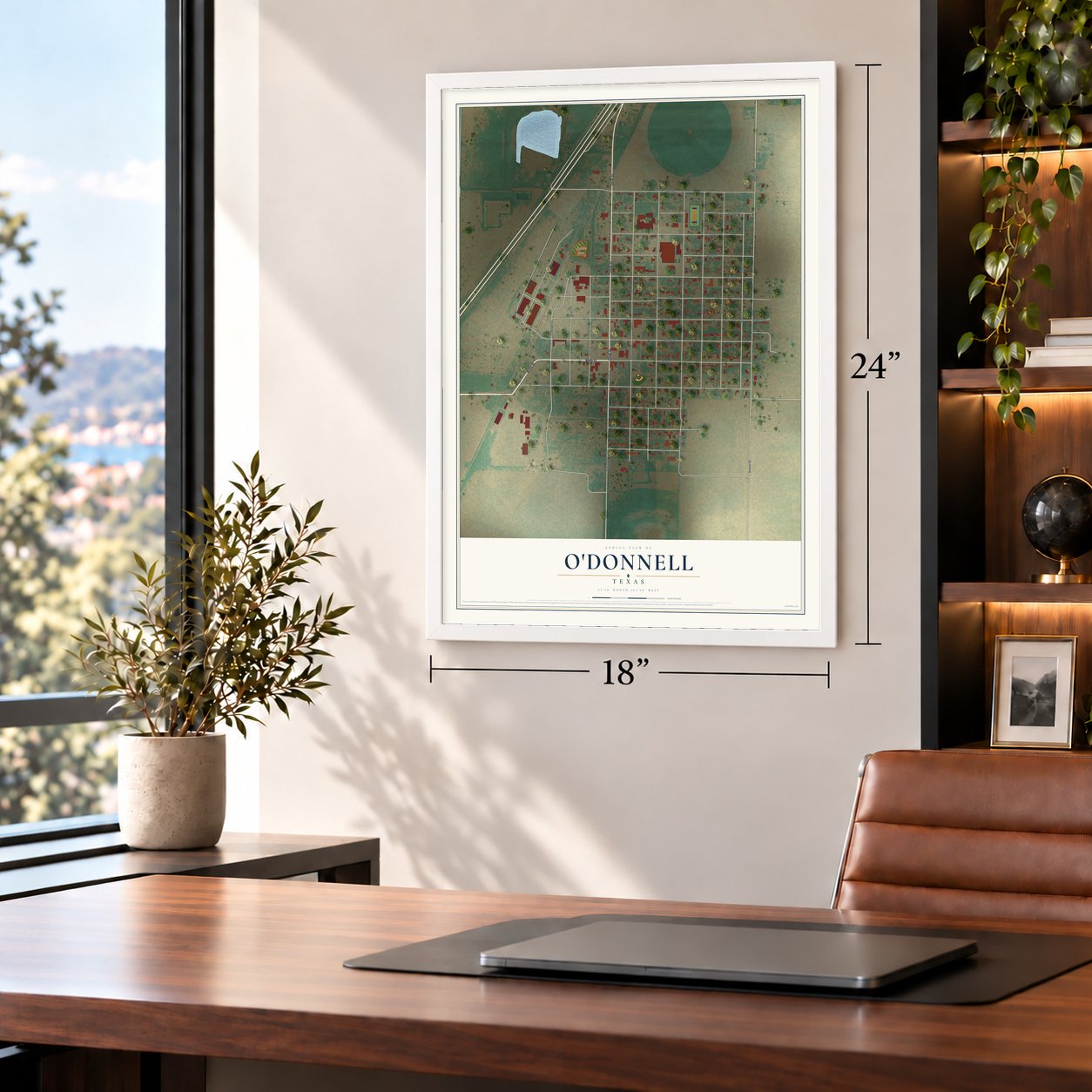 O'Donnell, Texas map, 18 x 24 inch print in a white frame in a home office