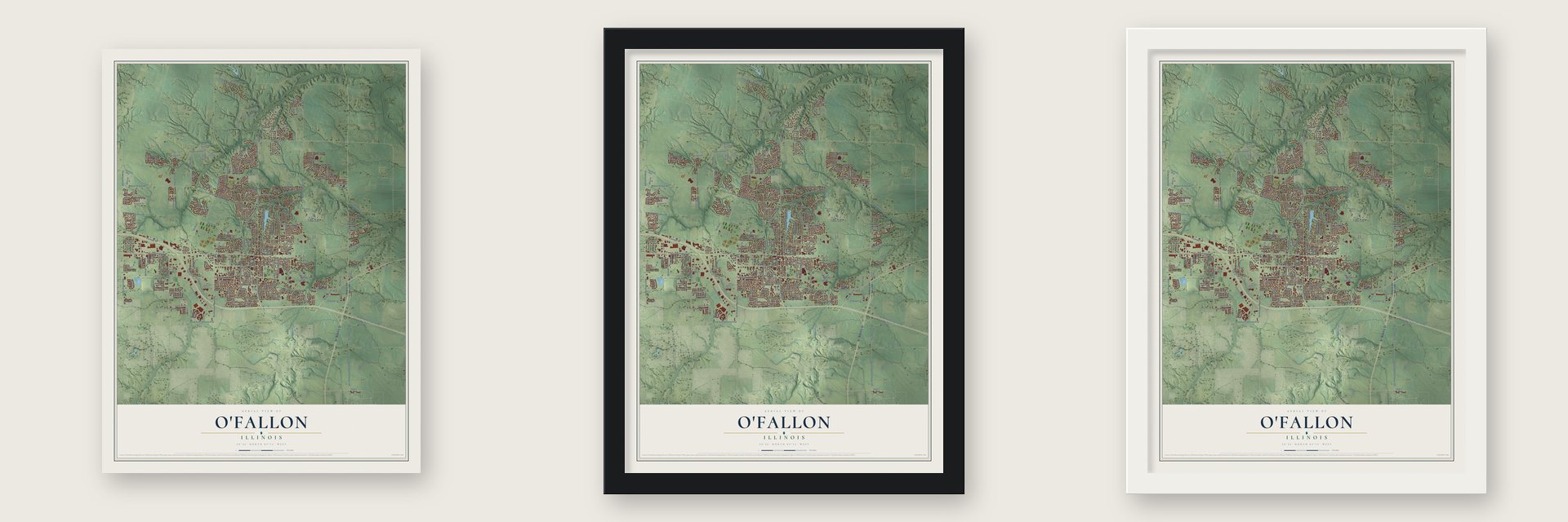 O'Fallon, Illinois map unframed, in a black wood frame and in a white wood frame