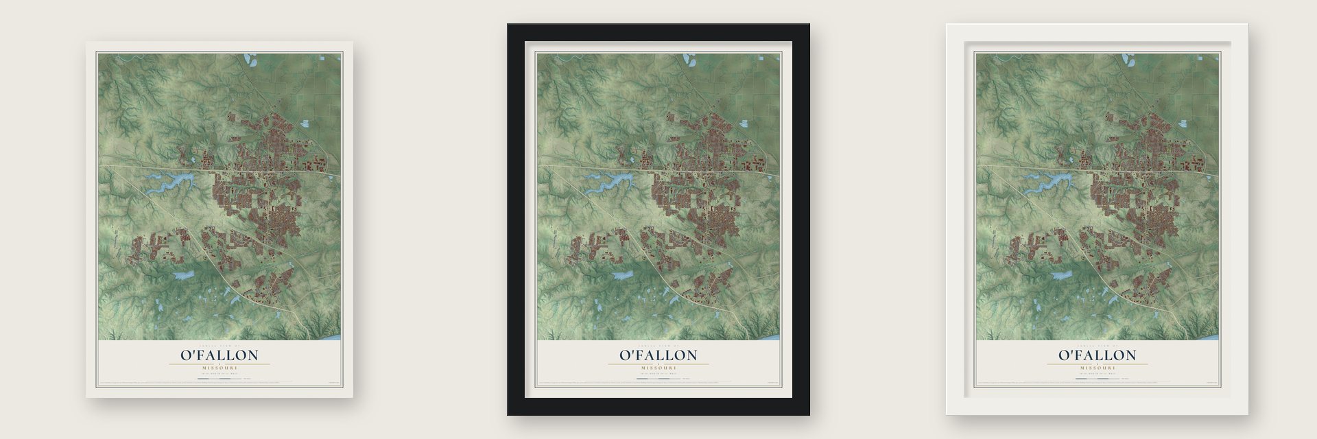 O'Fallon, Missouri map unframed, in a black wood frame and in a white wood frame
