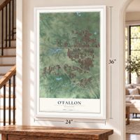 O'Fallon, Missouri map, 24 x 36 inch print in a white frame by a staircase