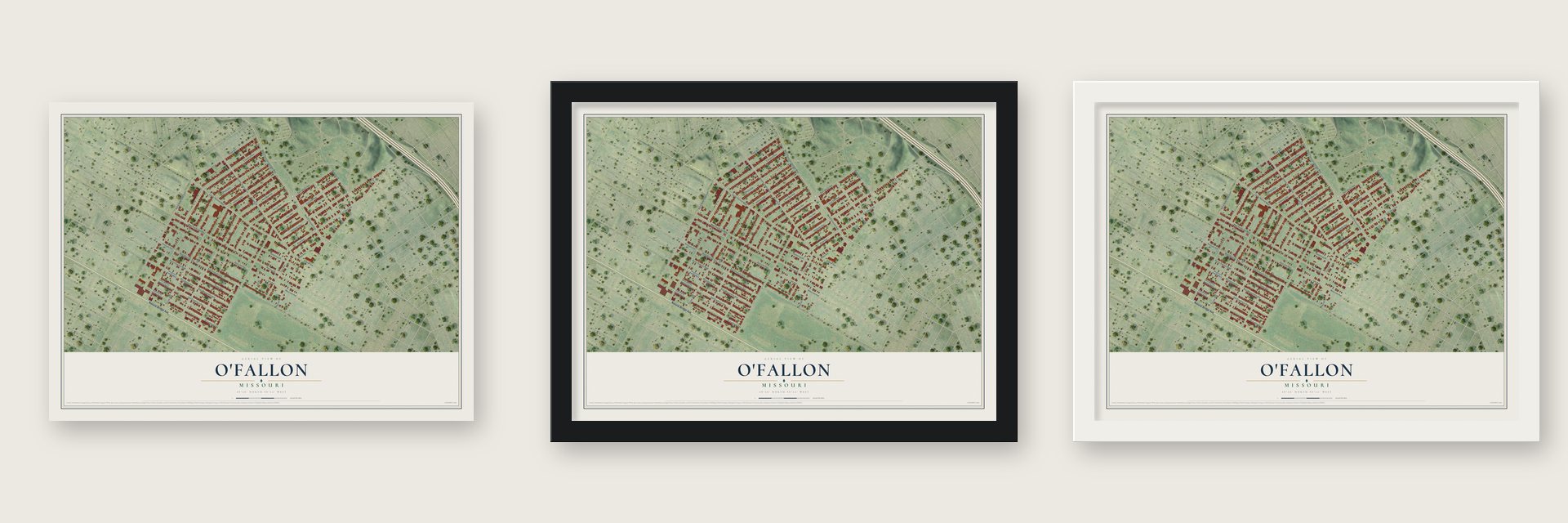 O'Fallon, St. Louis, Missouri map unframed, in a black wood frame and in a white wood frame