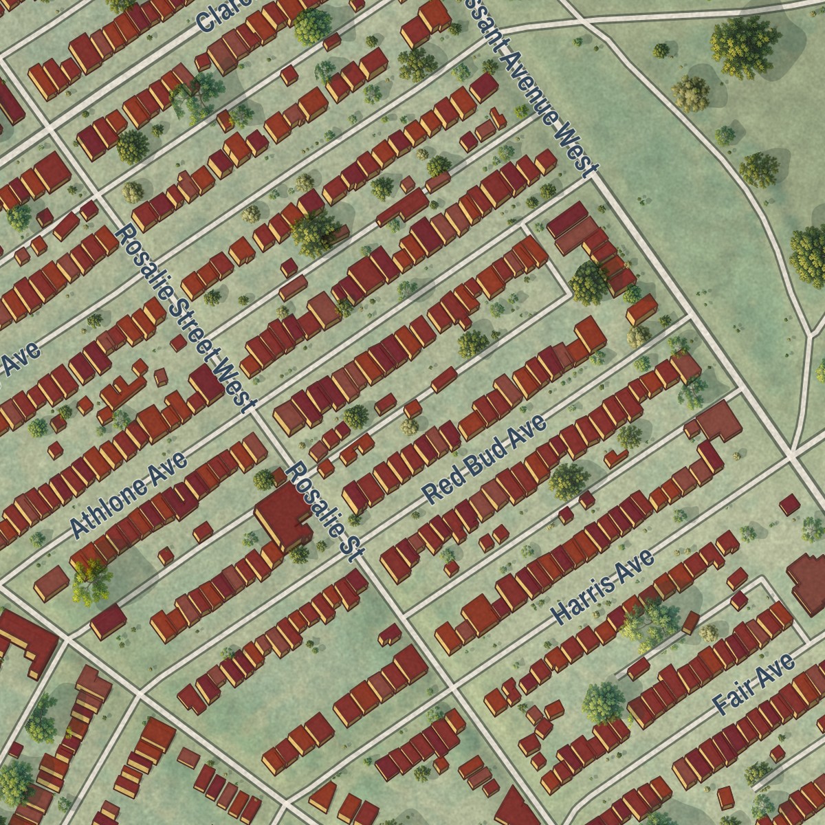 Second close-up of the map of O'Fallon, St. Louis, Missouri print showing more streets and buildings