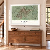 O'Fallon, St. Louis, Missouri map, 24 x 36 inch print in a white frame above a dresser by a staircase
