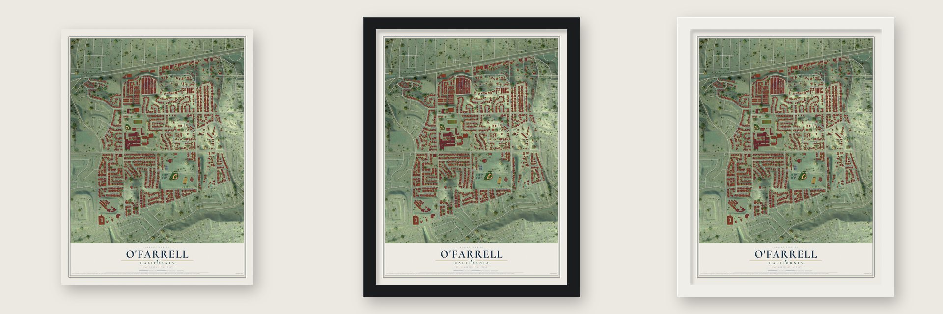 O'Farrell, California map unframed, in a black wood frame and in a white wood frame