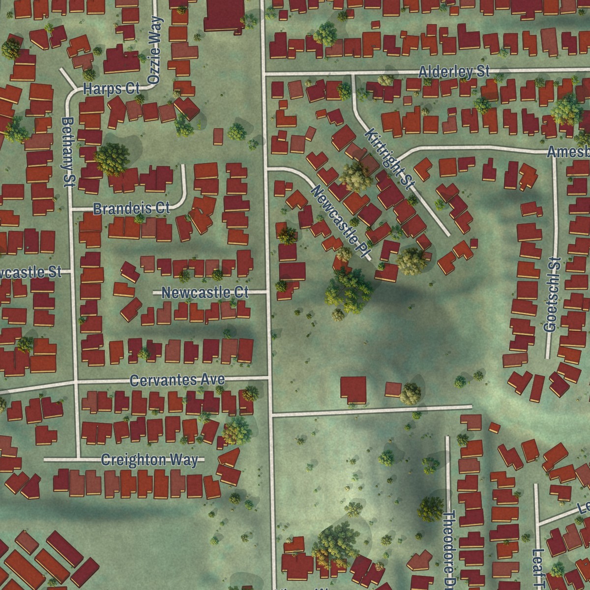Second close-up of the map of O'Farrell, California print showing more streets and buildings
