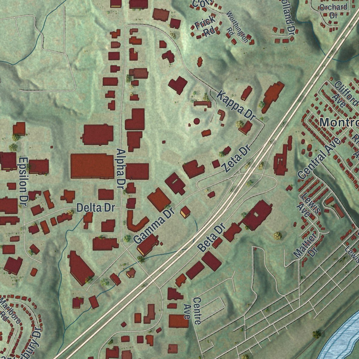 Second close-up of the map of O'Hara, Pennsylvania print showing more streets and buildings