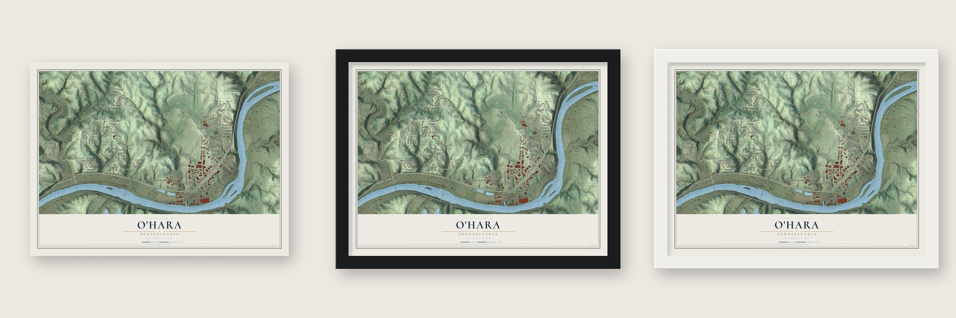 O'Hara, Pennsylvania map unframed, in a black wood frame and in a white wood frame