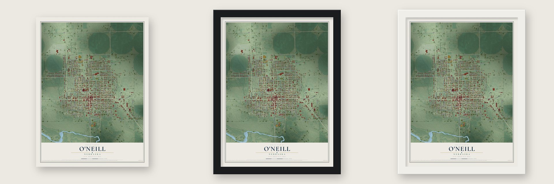 O'Neill, Nebraska map unframed, in a black wood frame and in a white wood frame
