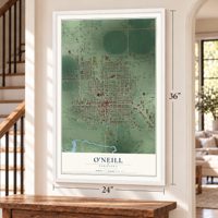 O'Neill, Nebraska map, 24 x 36 inch print in a white frame by a staircase