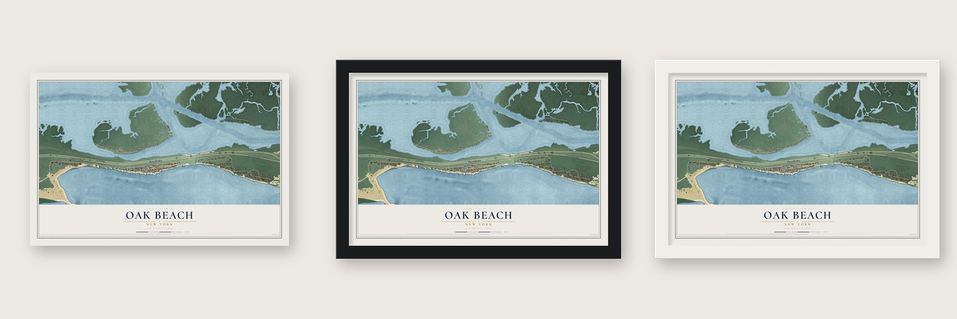 Oak Beach, New York map unframed, in a black wood frame and in a white wood frame