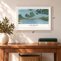 Oak Beach, New York map, 12 x 18 inch print in a white frame in an entryway