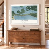 Oak Beach, New York map, 24 x 36 inch print in a white frame above a dresser by a staircase