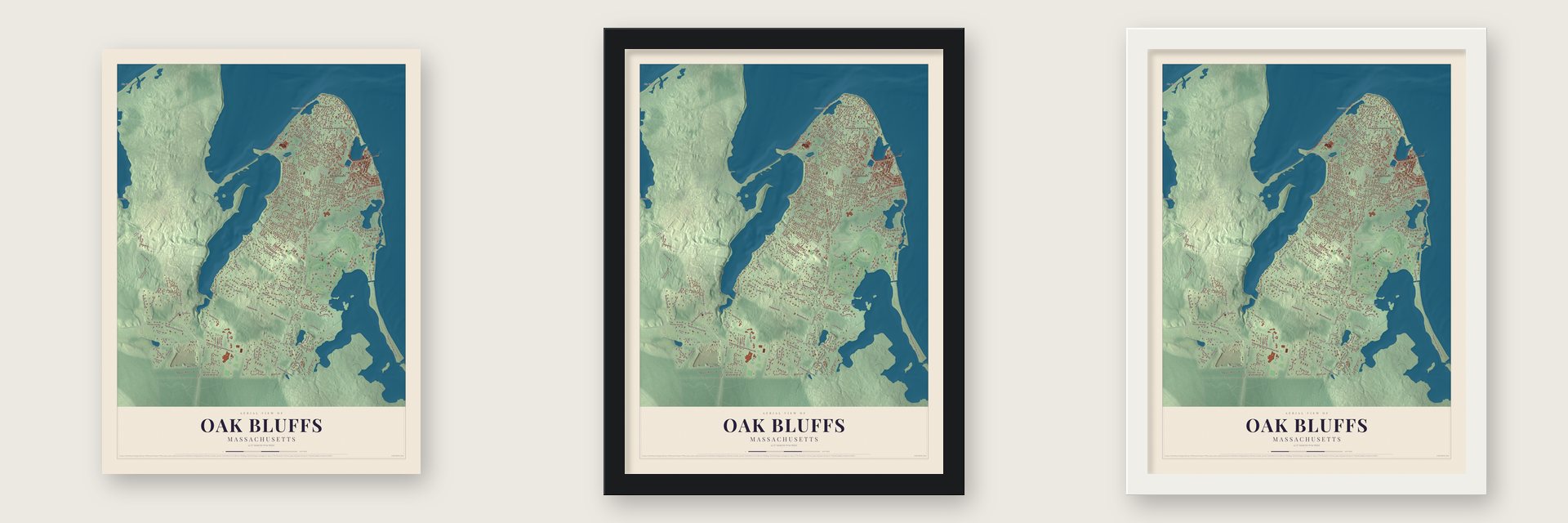 Oak Bluffs, Massachusetts map unframed, in a black wood frame and in a white wood frame