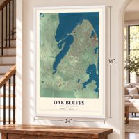 Oak Bluffs, Massachusetts map, 24 x 36 inch print in a white frame by a staircase