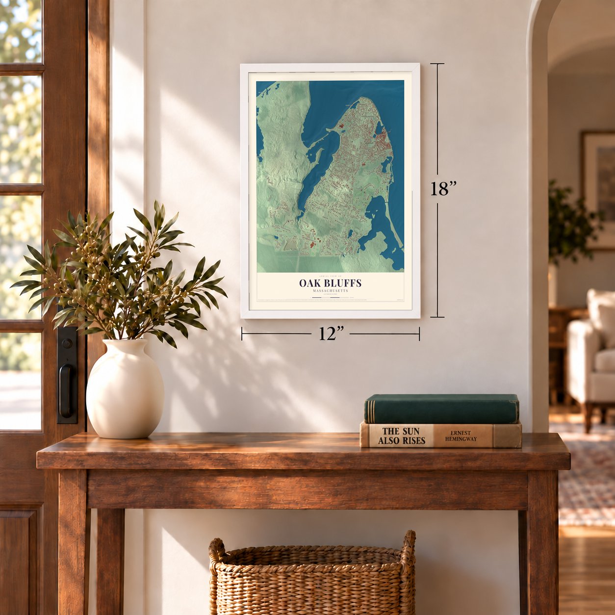 Oak Bluffs, Massachusetts map, 12 x 18 inch print in a white frame in an entryway