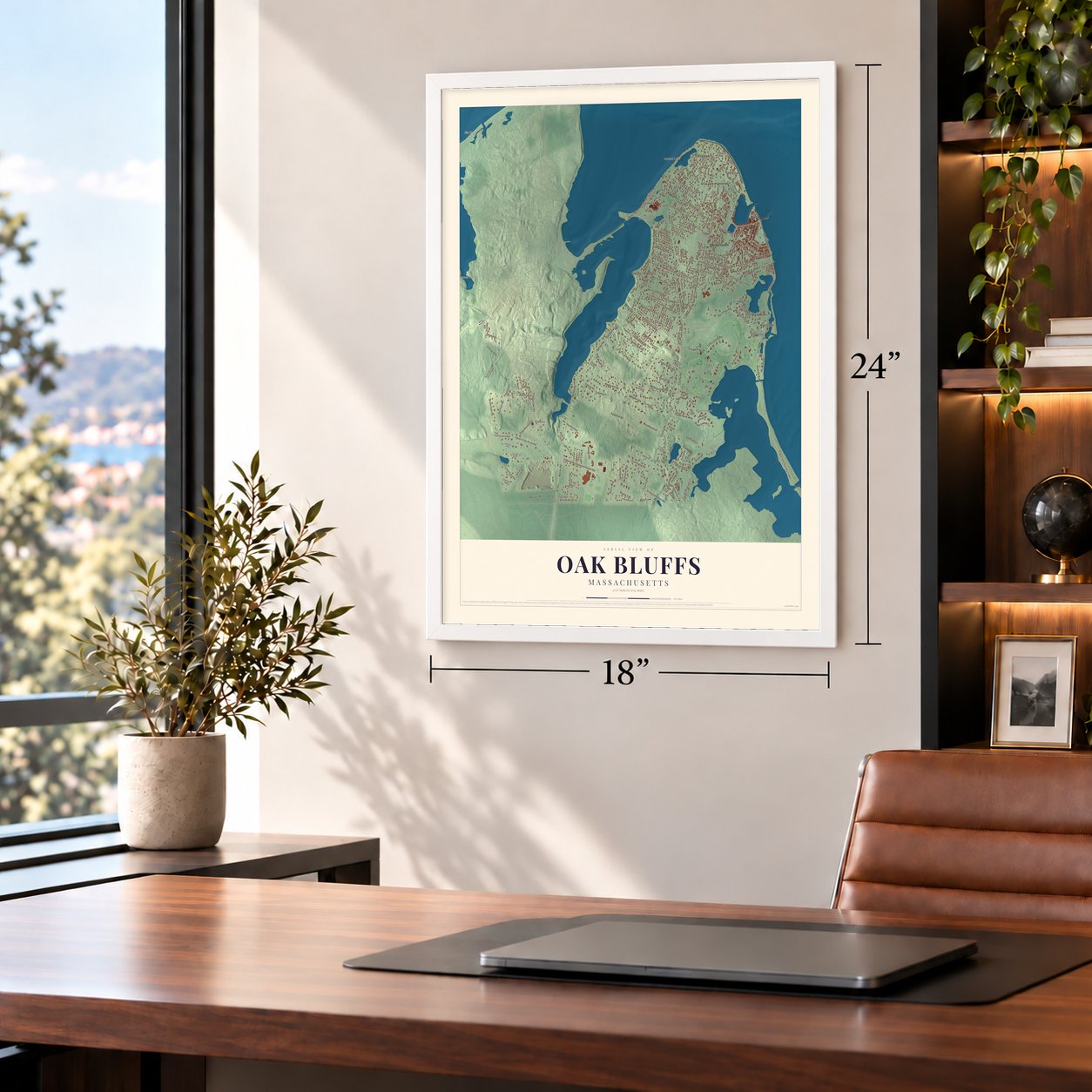 Oak Bluffs, Massachusetts map, 18 x 24 inch print in a white frame in a home office