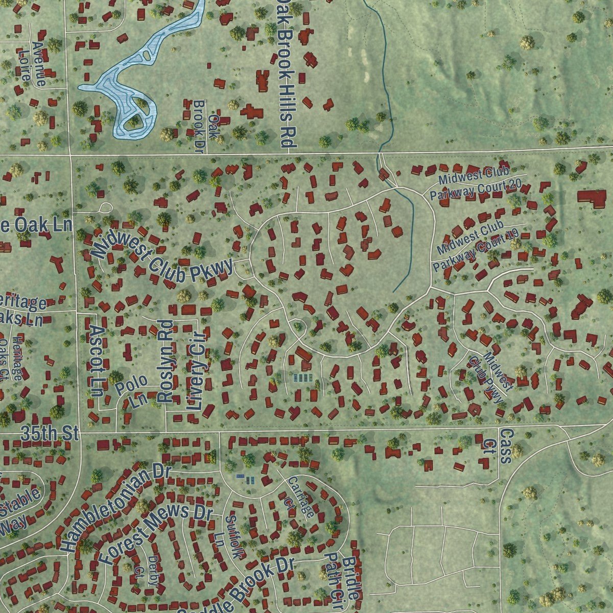 Second close-up of the map of Oak Brook, Illinois print showing more streets and buildings