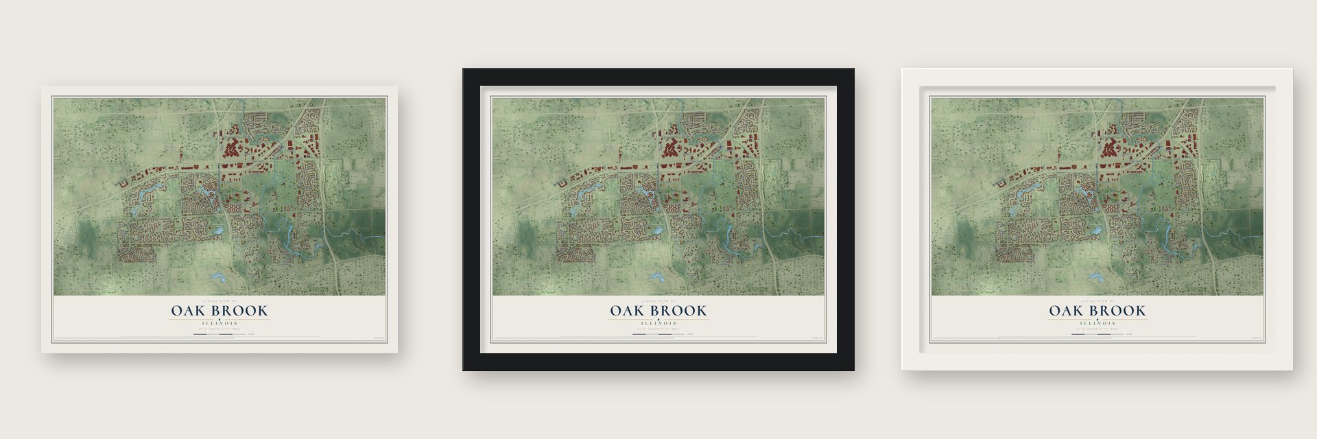 Oak Brook, Illinois map unframed, in a black wood frame and in a white wood frame