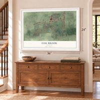 Oak Brook, Illinois map, 24 x 36 inch print in a white frame above a dresser by a staircase