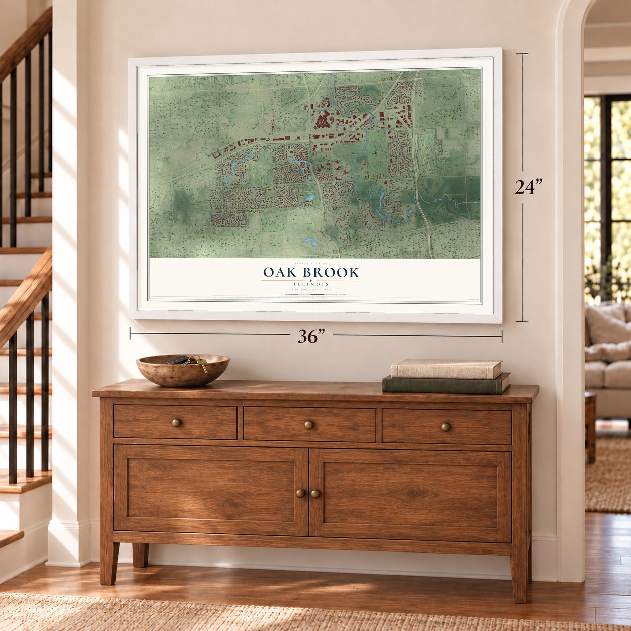 Oak Brook, Illinois map, 24 x 36 inch print in a white frame above a dresser by a staircase