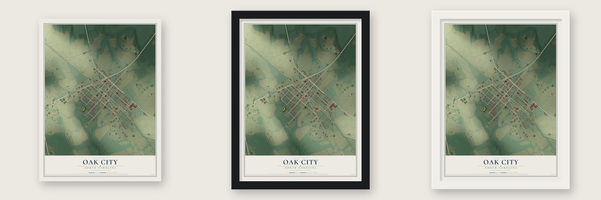 Oak City, North Carolina map unframed, in a black wood frame and in a white wood frame