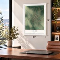 Oak City, North Carolina map, 18 x 24 inch print in a white frame in a home office