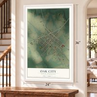 Oak City, North Carolina map, 24 x 36 inch print in a white frame by a staircase