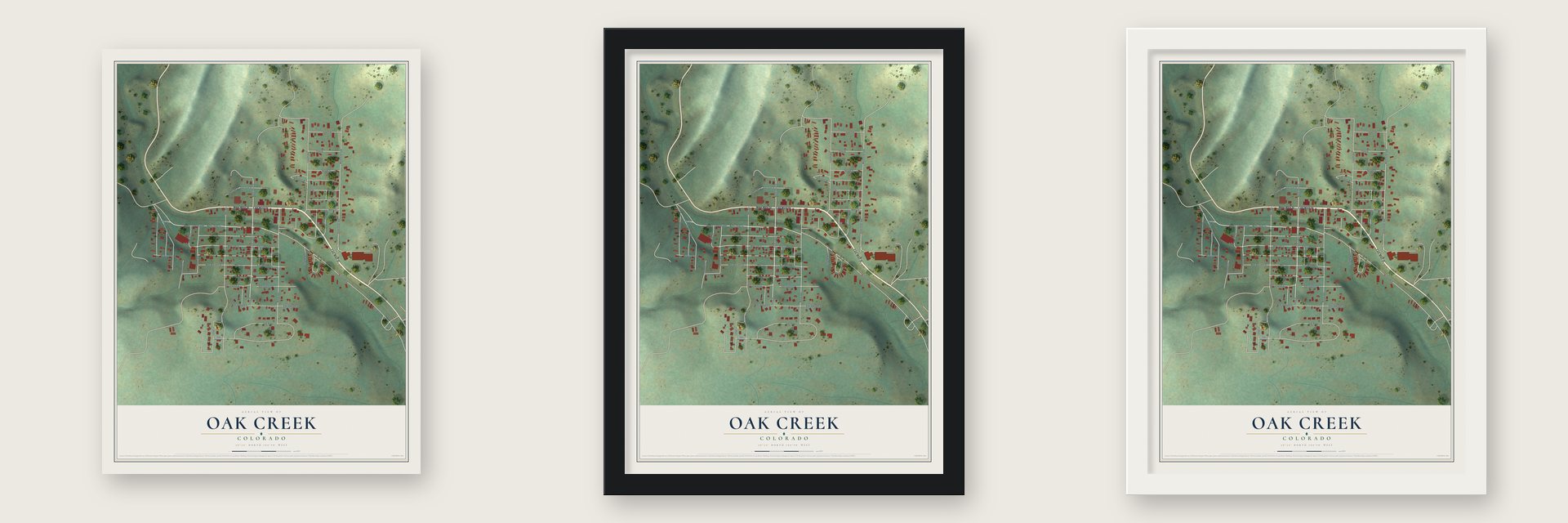 Oak Creek, Colorado map unframed, in a black wood frame and in a white wood frame