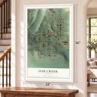 Oak Creek, Colorado map, 24 x 36 inch print in a white frame by a staircase