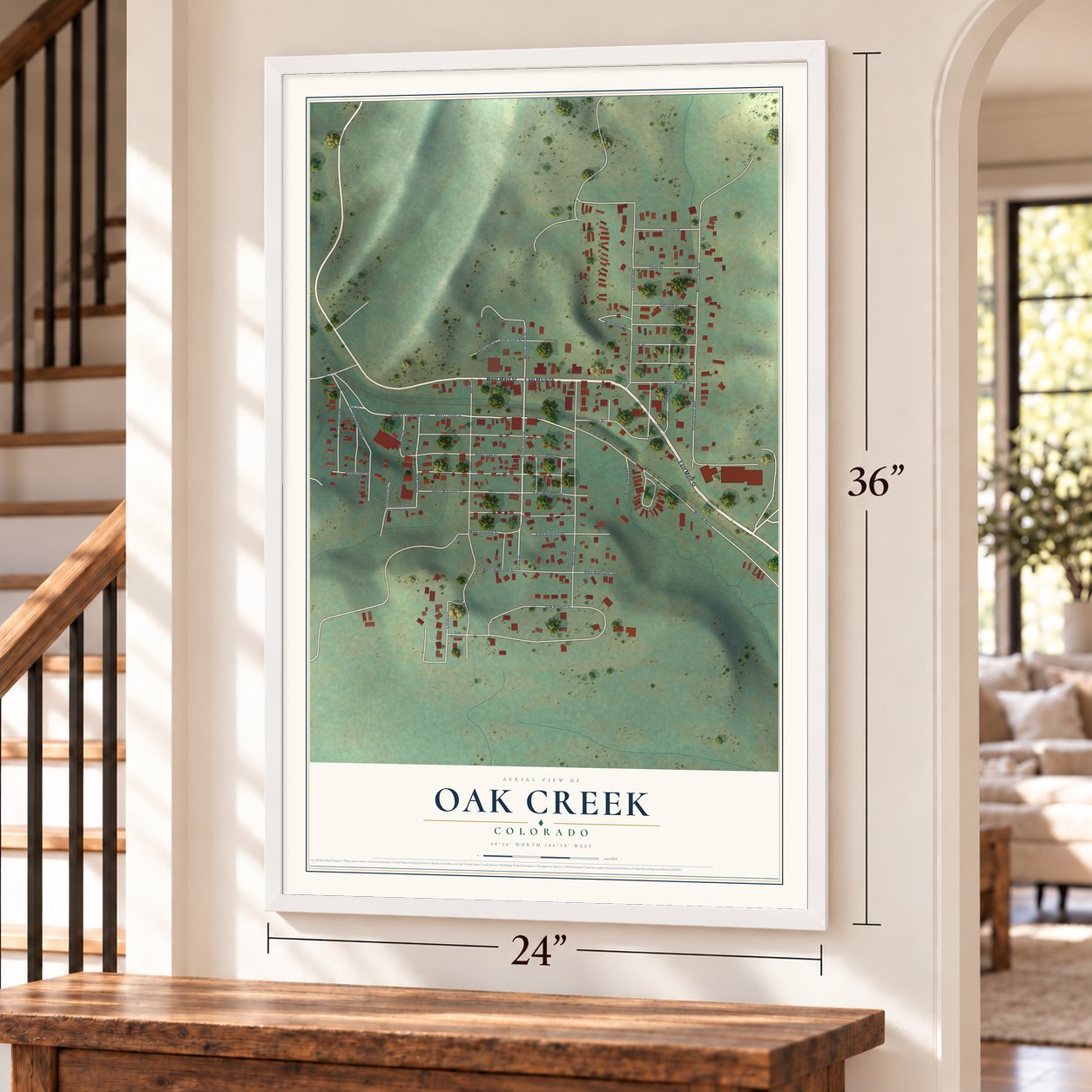 Oak Creek, Colorado map, 24 x 36 inch print in a white frame by a staircase
