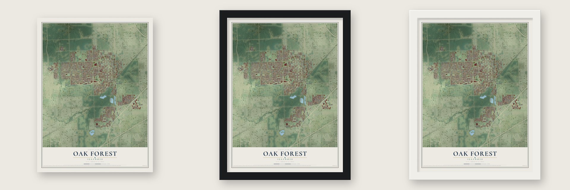 Oak Forest, Illinois map unframed, in a black wood frame and in a white wood frame