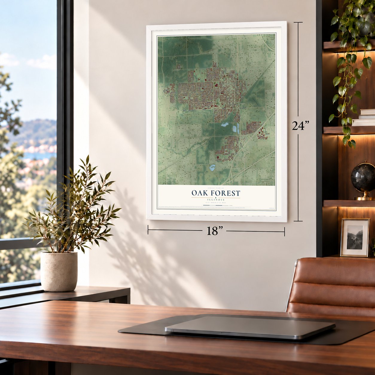 Oak Forest, Illinois map, 18 x 24 inch print in a white frame in a home office