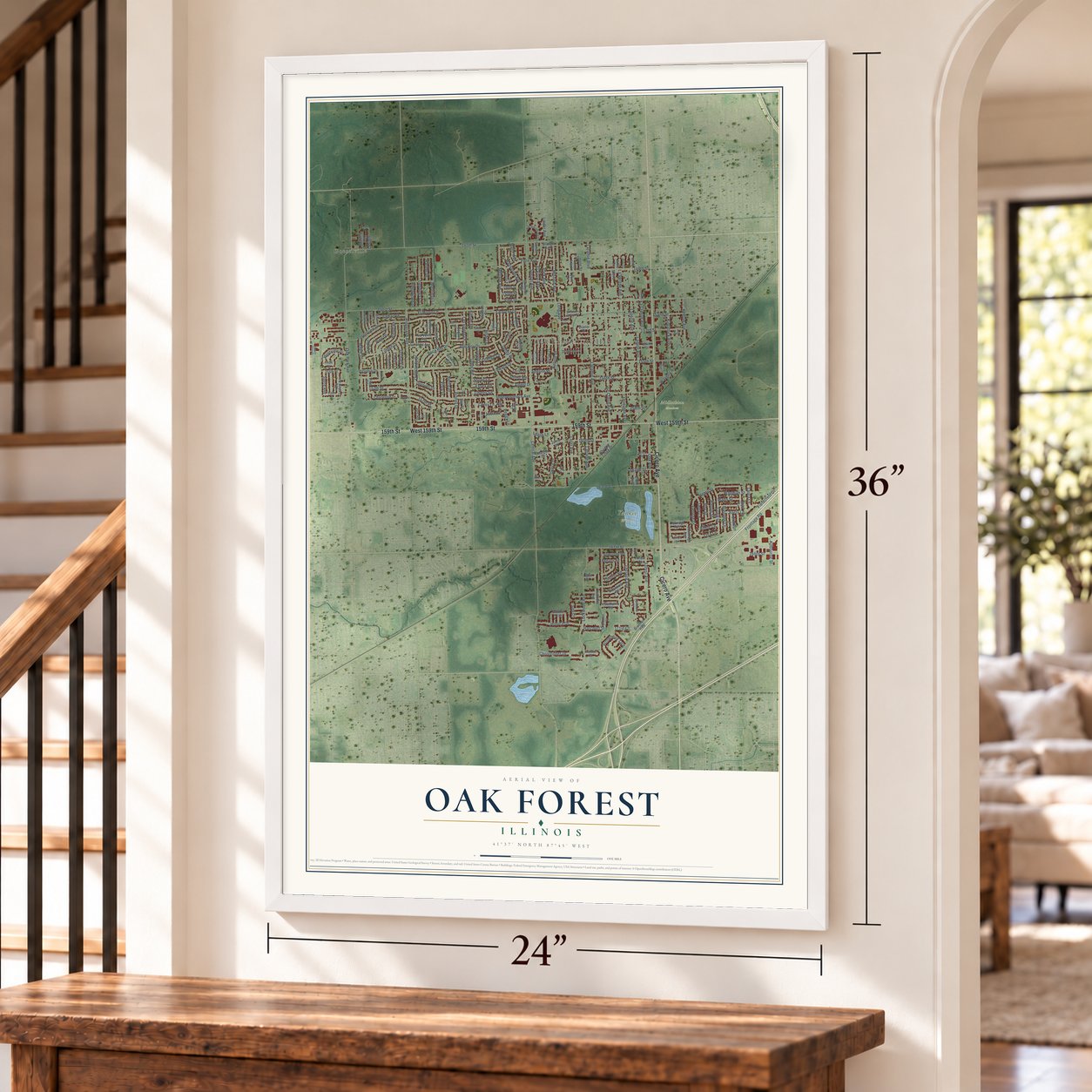 Oak Forest, Illinois map, 24 x 36 inch print in a white frame by a staircase