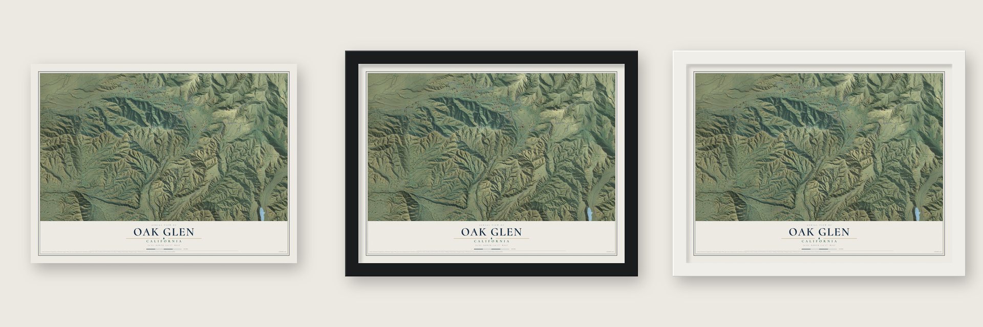 Oak Glen, California map unframed, in a black wood frame and in a white wood frame