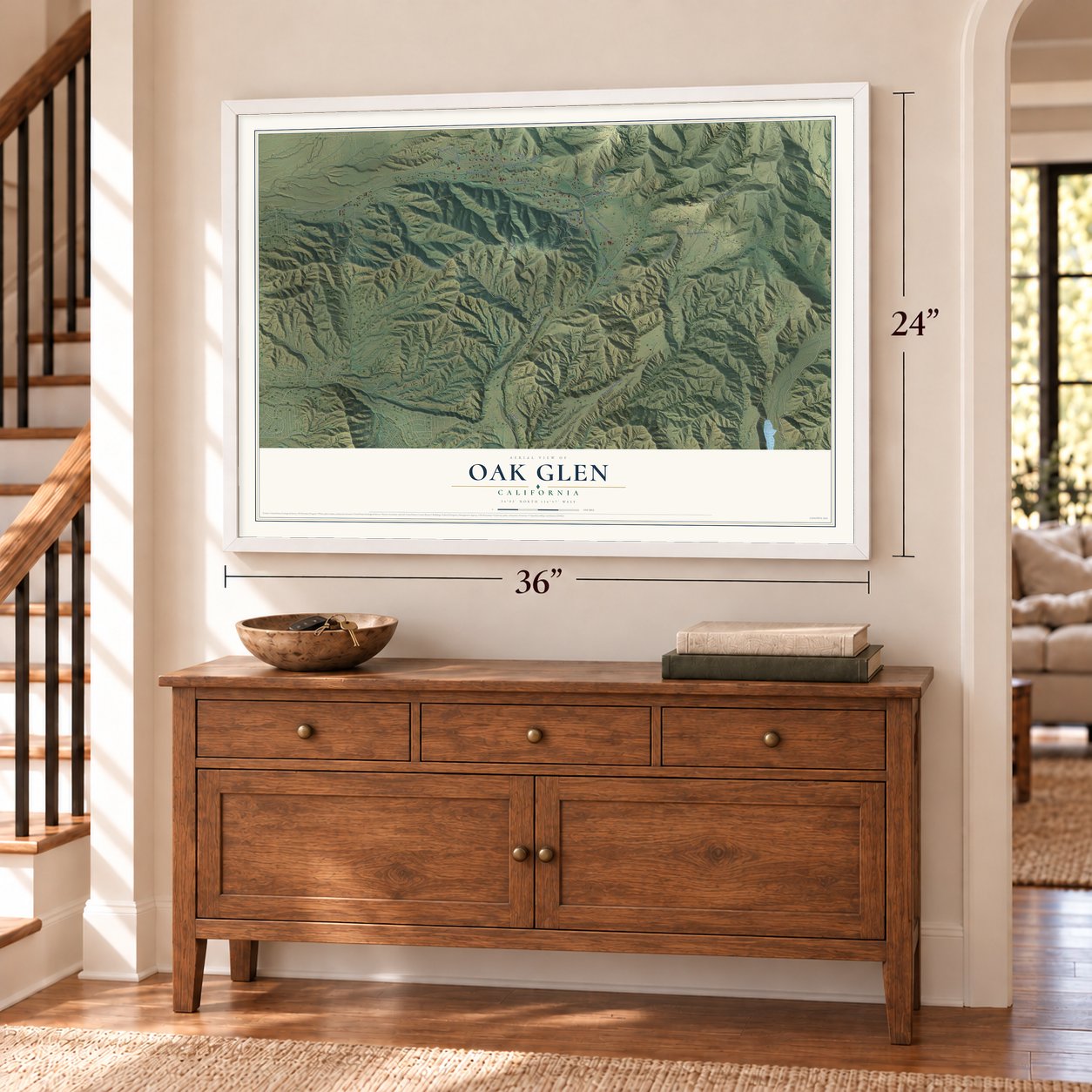 Oak Glen, California map, 24 x 36 inch print in a white frame above a dresser by a staircase