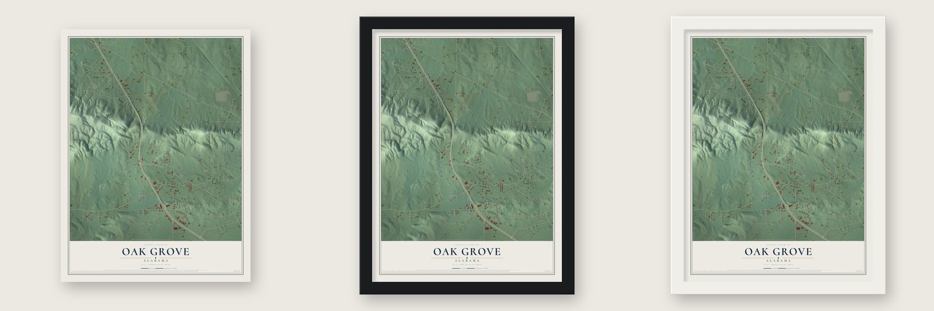 Oak Grove, Alabama map unframed, in a black wood frame and in a white wood frame