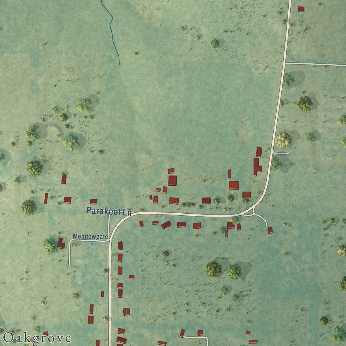 Second close-up of the map of Oak Grove, Arkansas print showing more streets and buildings