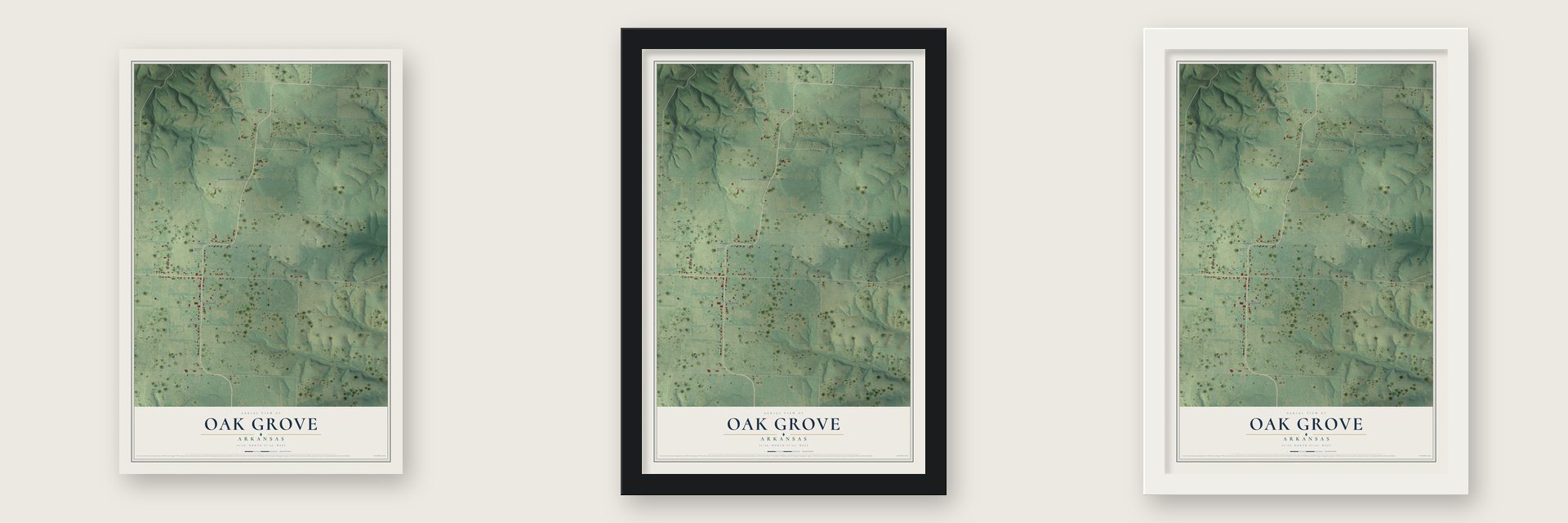 Oak Grove, Arkansas map unframed, in a black wood frame and in a white wood frame