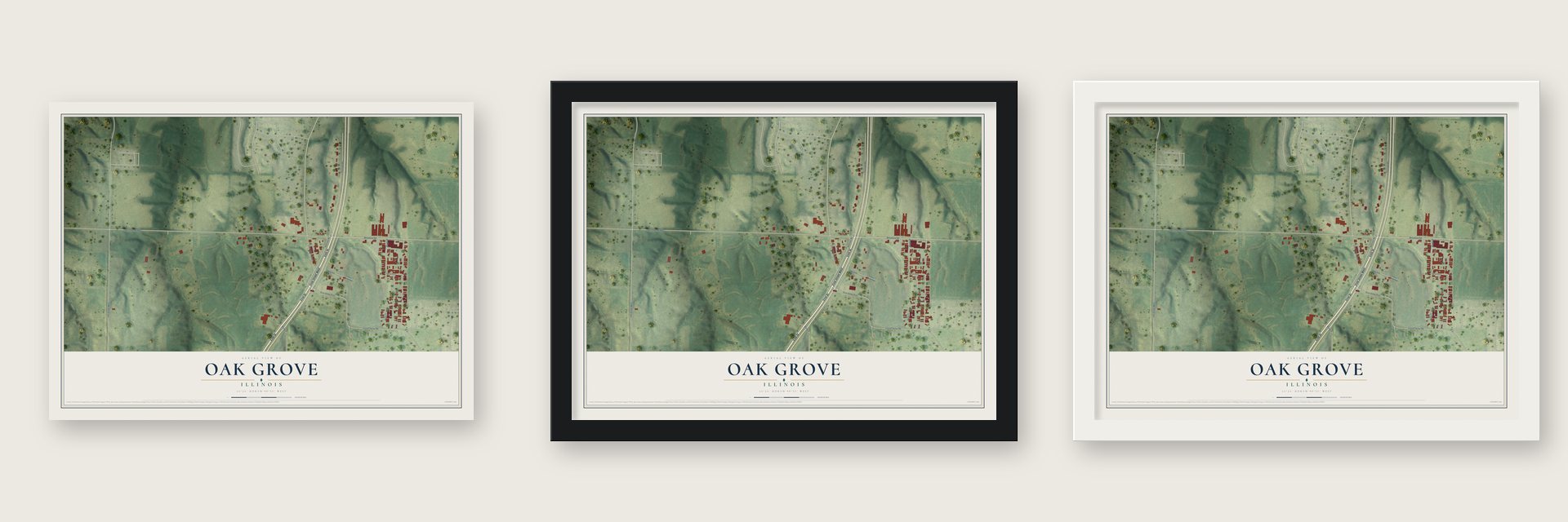 Oak Grove, Illinois map unframed, in a black wood frame and in a white wood frame